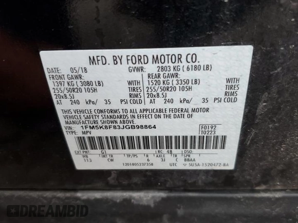 2018 Ford Explorer Limited с VIN 1FM5K8F83JGB98864, выставлен на аукционе Copart как лот 59177065 с пробегом 60 194 миль миль и Чистый • Clean title. История ставок и продаж доступна на DreamBid. Изображение 14.