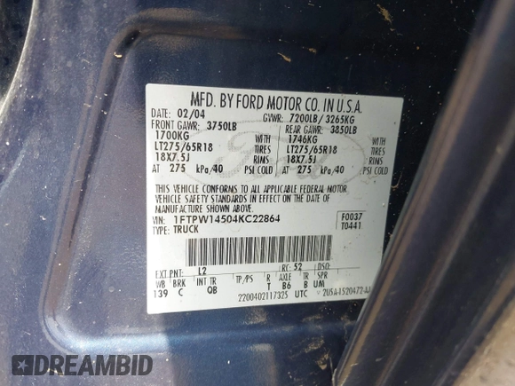 2004 Ford F-150 XLT with VIN 1FTPW14504KC22864, listed as a IAAI auction lot 42366958 with Not provided miles and . Bid and sale history available at DreamBid. Image 9.