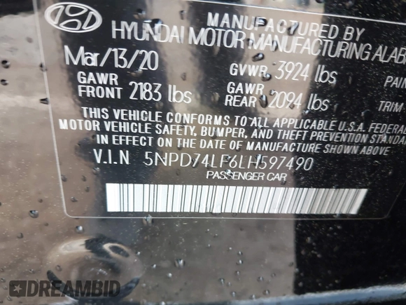 2020 Hyundai Elantra SE with VIN 5NPD74LF6LH597490, listed as a IAAI auction lot 42047557 with 52,939 mi miles. Bid and sale history available at carsss.com. Image 9.