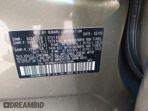 2023 Subaru Ascent Premium z VIN 4S4WMAEDXP3418988, wystawiony jako IAAI lot #42126655 z przebiegiem 44 971 mil mil oraz . Historia ofert i sprzedaży dostępna na DreamBid. Obrazek 9.