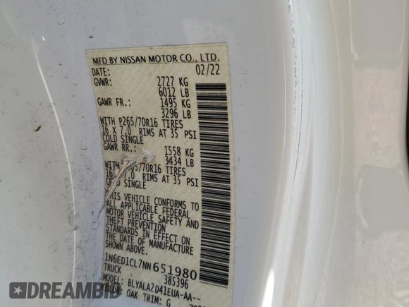 2022 Nissan Frontier S with VIN 1N6ED1CL7NN651980, listed as a Copart auction lot 47671455 with 57,673 mi miles and Salvage title. Bid and sale history available at DreamBid. Image 11.