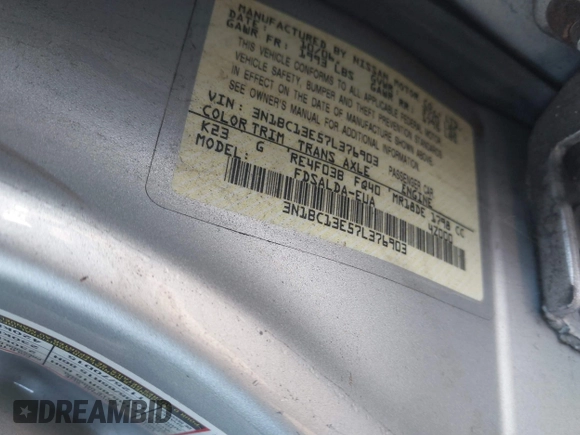 2007 Nissan Versa SL with VIN 3N1BC13E57L376903, listed as a IAAI auction lot 40638654 with 77,862 mi miles and . Bid and sale history available at DreamBid. Image 9.