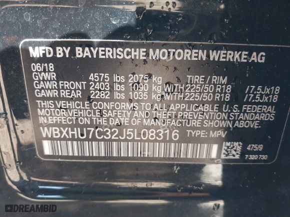 2018 BMW X1 sDrive28i with VIN WBXHU7C32J5L08316, listed as a IAAI auction lot 41647076 with 46,184 mi miles. Bid and sale history available at carsss.com. Image 9.