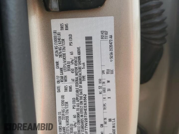 2017 Ford F-250 Lariat with VIN 1FT7W2BT0HEE63562, listed as a Copart auction lot 60880545 with 122,996 mi miles and Salvage title. Bid and sale history available at DreamBid. Image 12.