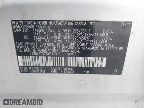2012 Toyota RAV4 с VIN 2T3BF4DV7CW214908, выставлен на аукционе IAAI как лот 42837102 с пробегом Не указан миль и . История ставок и продаж доступна на DreamBid. Изображение 9.