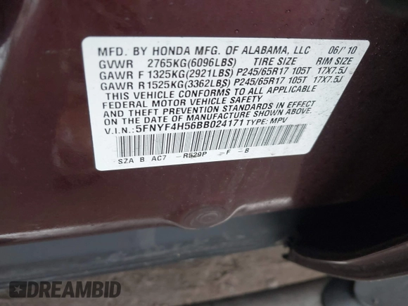2011 Honda Pilot EX-L with VIN 5FNYF4H56BB024171, listed as a IAAI auction lot 41442621 with 105,104 mi miles. Bid and sale history available at carsss.com. Image 9.