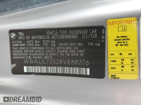 2008 BMW 1 Series 128i with VIN WBAUL73528VE88276, listed as a Copart auction lot 47272835 with 97,905 mi miles and Salvage title. Bid and sale history available at DreamBid. Image 12.