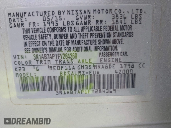 2015 Nissan Sentra SR with VIN 3N1AB7AP1FY284369, listed as a IAAI auction lot 42105462 with 175,810 mi miles and . Bid and sale history available at DreamBid. Image 9.