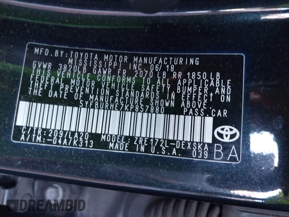 2019 Toyota Corolla L z VIN 5YFBURHE7KP857880, wystawiony jako IAAI lot #41850987 z przebiegiem 117 823 mil mil oraz . Historia ofert i sprzedaży dostępna na DreamBid. Obrazek 9.
