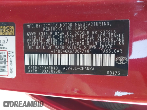 2007 Toyota Camry CE with VIN 4T1BE46K67U077481, listed as a IAAI auction lot 41661485 with 225,403 mi miles and . Bid and sale history available at DreamBid. Image 9.