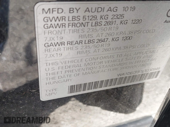 2020 Audi Q3 S line Premium with VIN WA1DECF31L1030946, listed as a IAAI auction lot 41774297 with 58,548 mi miles and . Bid and sale history available at DreamBid. Image 9.