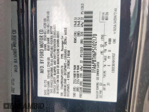 2023 Ford Mustang EcoBoost with VIN 1FA6P8TH6P5102170, listed as a Copart auction lot 45191565 with 0 mi miles and Salvage Title. Bid and sale history available at carsss.com. Image 12.