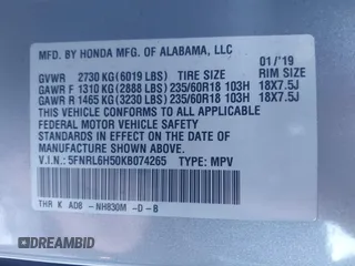 2019 Honda Odyssey EX with VIN 5FNRL6H50KB074265, listed as a IAAI auction lot 40964685 with 74,719 mi miles and . Bid and sale history available at DreamBid. Image 9.