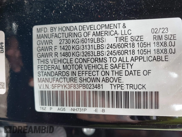 2023 Honda Ridgeline Black Edition with VIN 5FPYK3F83PB023481, listed as a IAAI auction lot 42157928 with 24,632 mi miles and . Bid and sale history available at DreamBid. Image 9.