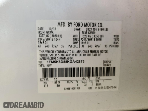 2019 Ford Explorer XLT z VIN 1FM5K8D88KGA42873, wystawiony jako Copart lot #64584935 z przebiegiem 143 439 mil mil oraz Szkoda całkowita • Salvage title. Historia ofert i sprzedaży dostępna na DreamBid. Obrazek 13.