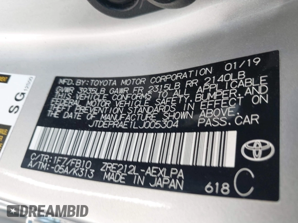 2020 Toyota Corolla LE with VIN JTDEPRAE1LJ005304, listed as a IAAI auction lot 41752750 with 51,929 mi miles. Bid and sale history available at carsss.com. Image 9.