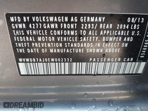 2014 Volkswagen Golf with VIN WVWDB7AJ0EW002332, listed as a IAAI auction lot 42449267 with 55,496 mi miles and . Bid and sale history available at DreamBid. Image 9.