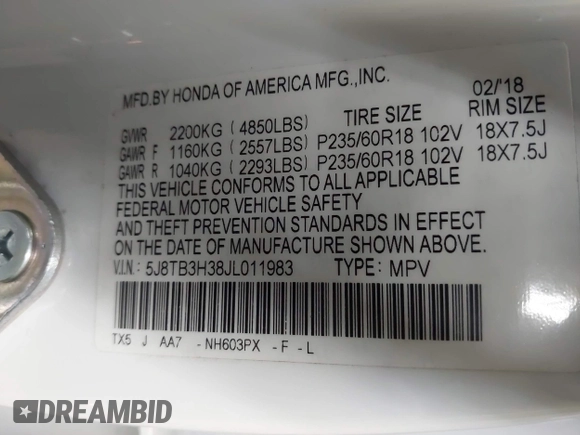 2018 Acura RDX with VIN 5J8TB3H38JL011983, listed as a IAAI auction lot 42385892 with 100,562 mi miles and . Bid and sale history available at DreamBid. Image 9.