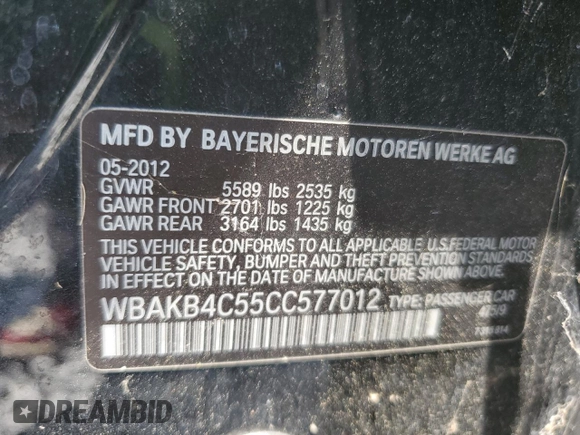 2012 BMW 7 Series 740Li with VIN WBAKB4C55CC577012, listed as a Copart auction lot 62151725 with 111,320 mi miles and Salvage title. Bid and sale history available at DreamBid. Image 12.