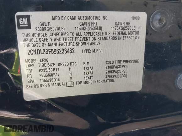 2009 Chevrolet Equinox LT w/1LT with VIN 2CNDL33F596233432, listed as a IAAI auction lot 41464604 with 164,425 mi miles. Bid and sale history available at carsss.com. Image 9.