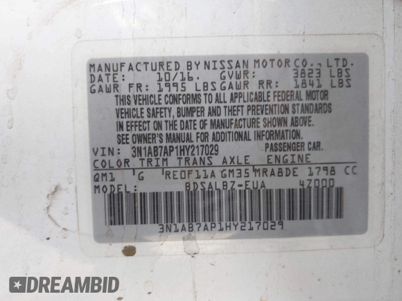 2017 Nissan Sentra S with VIN 3N1AB7AP1HY217029, listed as a IAAI auction lot 41967423 with 74,709 mi miles and . Bid and sale history available at DreamBid. Image 9.