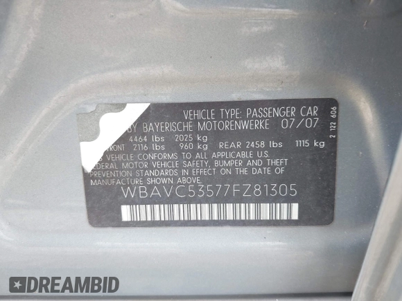 2007 BMW 3 Series 328i with VIN WBAVC53577FZ81305, listed as a IAAI auction lot 42575262 with 76,398 mi miles and . Bid and sale history available at DreamBid. Image 9.