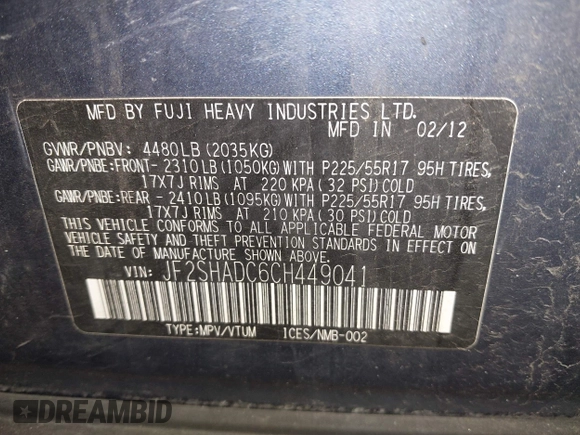 2012 Subaru Forester X Premium с VIN JF2SHADC6CH449041, выставлен на аукционе IAAI как лот 42576513 с пробегом 109 487 миль миль и . История ставок и продаж доступна на DreamBid. Изображение 9.