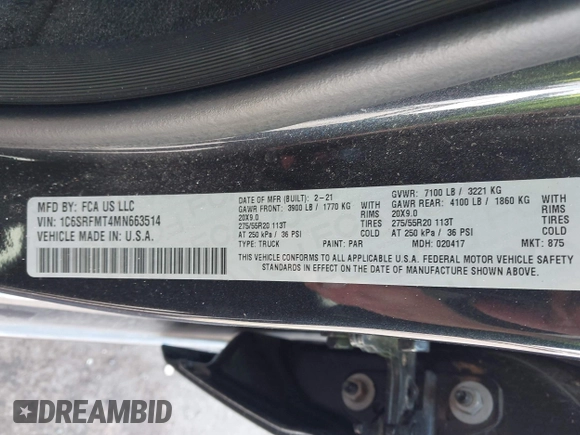 2021 Ram 1500 Big Horn z VIN 1C6SRFMT4MN663514, wystawiony jako IAAI lot #42419526 z przebiegiem 47 568 mil mil oraz . Historia ofert i sprzedaży dostępna na DreamBid. Obrazek 9.