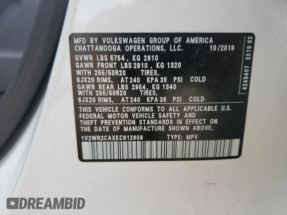 2019 Volkswagen Atlas SE with VIN 1V2WR2CAXKC612609, listed as a Copart auction lot 54451635 with 48,548 mi miles and Salvage title. Bid and sale history available at DreamBid. Image 13.