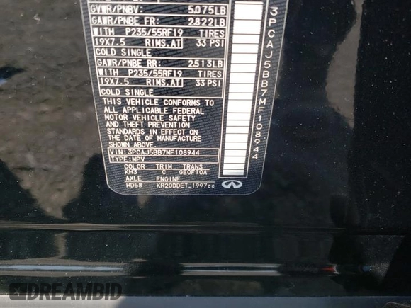 2021 Infiniti QX50 Luxe with VIN 3PCAJ5BB7MF108944, listed as a Copart auction lot 58955275 with 100,215 mi miles and Salvage title. Bid and sale history available at DreamBid. Image 13.