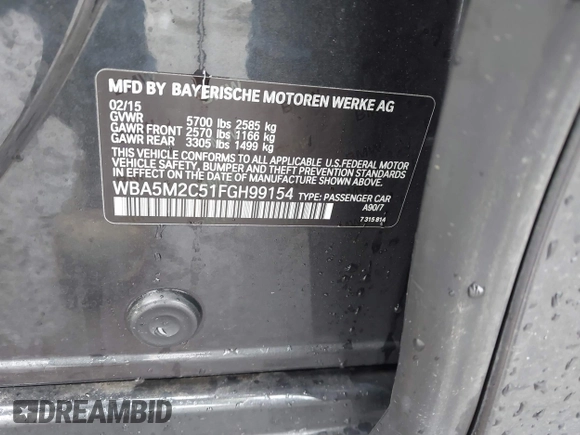 2015 BMW 5 Series 535i Gran Turismo with VIN WBA5M2C51FGH99154, listed as a IAAI auction lot 41512482 with Not provided miles and . Bid and sale history available at DreamBid. Image 9.