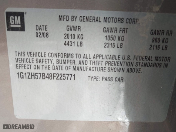 2008 Chevrolet Malibu LT w/1LT with VIN 1G1ZH57B48F225771, listed as a IAAI auction lot 41880804 with 174,755 mi miles. Bid and sale history available at carsss.com. Image 9.