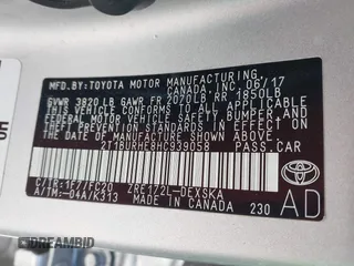 2017 Toyota Corolla L with VIN 2T1BURHE8HC939058, listed as a IAAI auction lot 42530114 with 68,636 mi miles and . Bid and sale history available at DreamBid. Image 9.