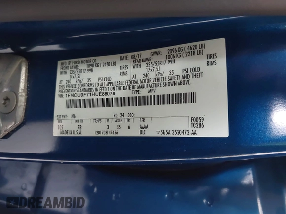 2017 Ford Escape S с VIN 1FMCU0F71HUE86078, выставлен на аукционе IAAI как лот 42395463 с пробегом 62 060 миль миль и . История ставок и продаж доступна на DreamBid. Изображение 9.