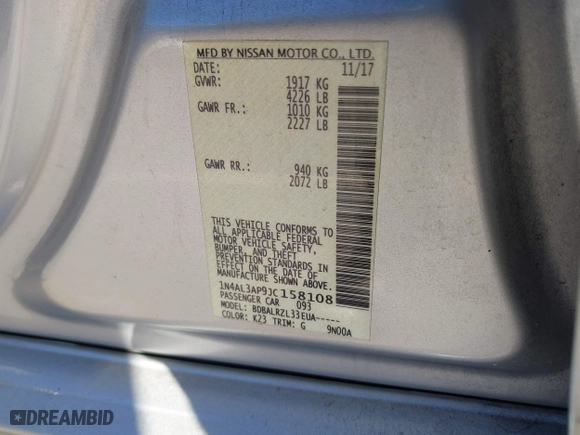 2018 Nissan Altima 2.5 SV with VIN 1N4AL3AP9JC158108, listed as a IAAI auction lot 41464382 with 123,129 mi miles. Bid and sale history available at carsss.com. Image 9.