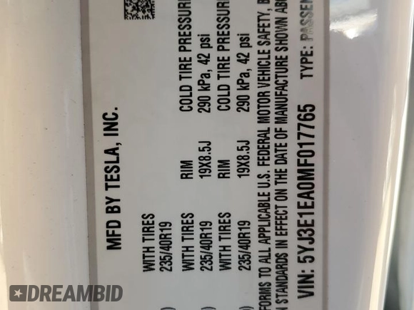 2021 Tesla Model 3 Standard Range Plus with VIN 5YJ3E1EA0MF017765, listed as a Copart auction lot 42776525 with 54,873 mi miles and Salvage Title. Bid and sale history available at carsss.com. Image 14.