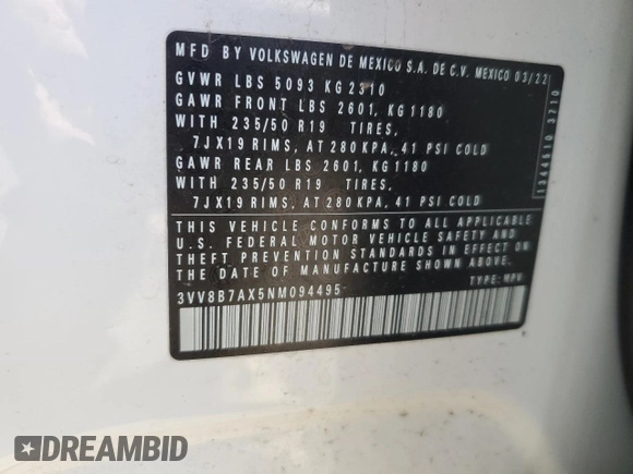 2022 Volkswagen Tiguan SE R-Line Black z VIN 3VV8B7AX5NM094495, wystawiony jako Copart lot #48711895 z przebiegiem 42 336 mil mil oraz Szkoda całkowita • Salvage title. Historia ofert i sprzedaży dostępna na DreamBid. Obrazek 13.