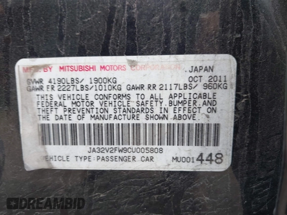 2012 Mitsubishi Lancer SE with VIN JA32V2FW9CU005808, listed as a IAAI auction lot 41920898 with 168,487 mi miles and . Bid and sale history available at DreamBid. Image 9.