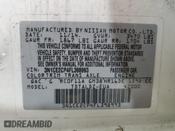 2015 Nissan Note SV with VIN 3N1CE2CP4FL398993, listed as a Copart auction lot 54664555 with 162,975 mi miles and Salvage Title. Bid and sale history available at DreamBid. Image 13.