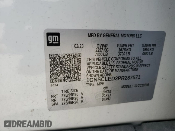2023 Chevrolet Tahoe Commercial with VIN 1GNSCLED3PR287571, listed as a Copart auction lot 57017855 with 49,620 mi miles and Non repairable. Bid and sale history available at DreamBid. Image 14.