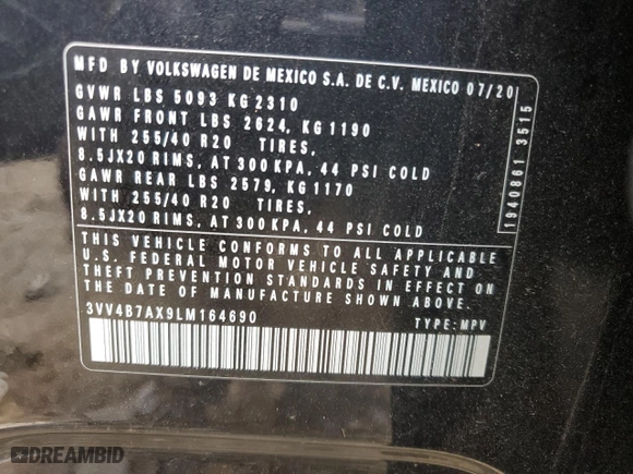 2020 Volkswagen Tiguan SEL Premium R-Line with VIN 3VV4B7AX9LM164690, listed as a Copart auction lot 71342434 with 62,009 mi miles and Salvage Title. Bid and sale history available at carsss.com. Image 13.