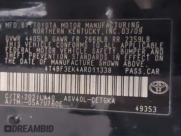 2010 Toyota Camry with VIN 4T4BF3EK4AR011338, listed as a IAAI auction lot 42141601 with 184,395 mi miles and . Bid and sale history available at DreamBid. Image 9.