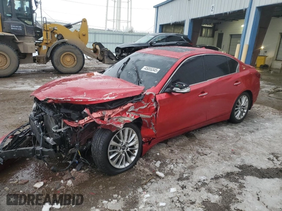 2021 Infiniti Q50 Luxe with VIN JN1EV7BR9MM752423, listed as a Copart auction lot 45055345 with 43,835 mi miles and Salvage Title. Bid and sale history available at carsss.com. Image 1.