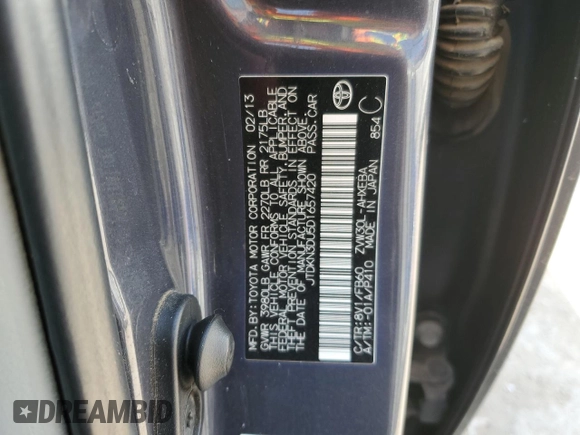 2013 Toyota Prius One with VIN JTDKN3DU5D1657420, listed as a Copart auction lot 52377155 with 71,929 mi miles and Salvage Title. Bid and sale history available at DreamBid. Image 12.