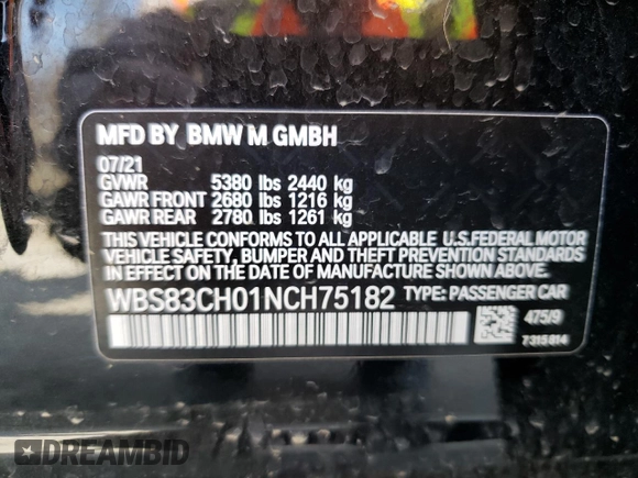 2022 BMW M5 z VIN WBS83CH01NCH75182, wystawiony jako Copart lot #46284903 z przebiegiem Nie podano mil oraz . Historia ofert i sprzedaży dostępna na DreamBid. Obrazek 12.