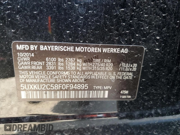 2015 BMW X6 xDrive35i with VIN 5UXKU2C58F0F94895, listed as a Copart auction lot 57175633 with 81,198 mi miles. Bid and sale history available at carsss.com. Image 14.