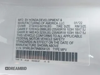 2022 Honda Odyssey EX-L with VIN 5FNRL6H79NB054120, listed as a IAAI auction lot 41694040 with 55,036 mi miles and . Bid and sale history available at DreamBid. Image 9.