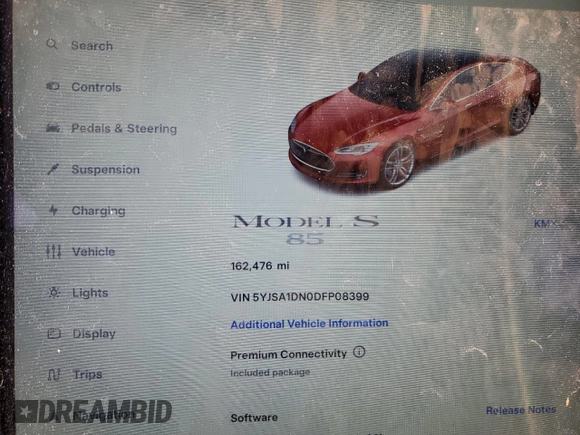 2013 Tesla Model S with VIN 5YJSA1DN0DFP08399, listed as a Copart auction lot 58848335 with 162,476 mi miles and Clean title. Bid and sale history available at DreamBid. Image 9.