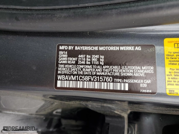 2015 BMW X1 sDrive28i with VIN WBAVM1C58FV315760, listed as a Copart auction lot 50921435 with 159,543 mi miles and Clean Title. Bid and sale history available at carsss.com. Image 13.