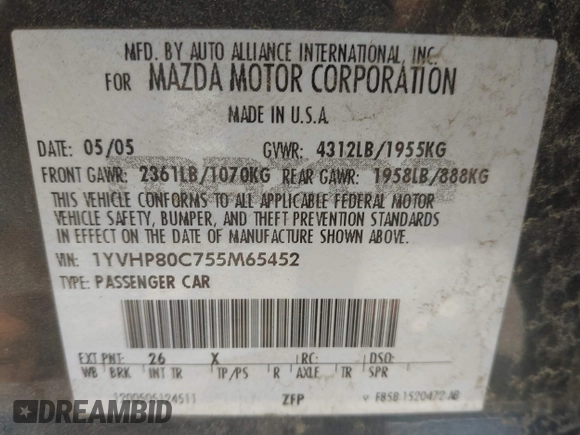 2005 Mazda 6 Sport with VIN 1YVHP80C755M65452, listed as a IAAI auction lot 42007910 with 200,478 mi miles and . Bid and sale history available at DreamBid. Image 9.